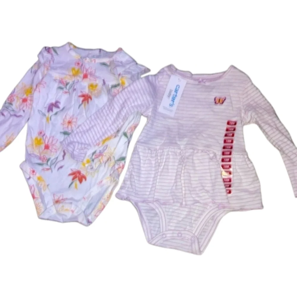 Carter's Floral and Striped Butterfly Girl Onesies Set of 2, 3-Snaps, 18 mos
